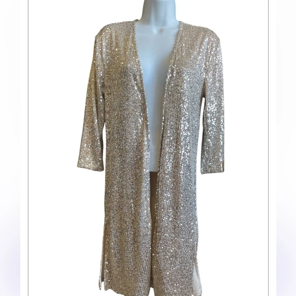 Maurice’s  longer cardigan XS  NWT special Occassion gold sequin duster